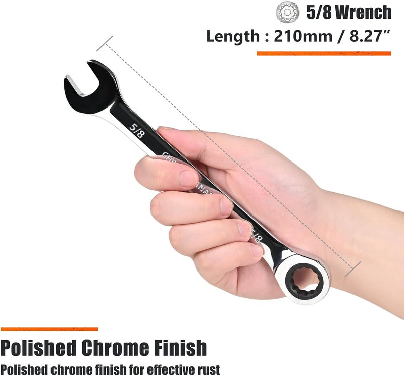 Egofine 5/8 inch Ratcheting Combination Wrench SAE, Industrial Grade Gear Spanner with 12-Point Design, 72-Tooth Ratchet, Chrome Vanadium Steel - Image 3